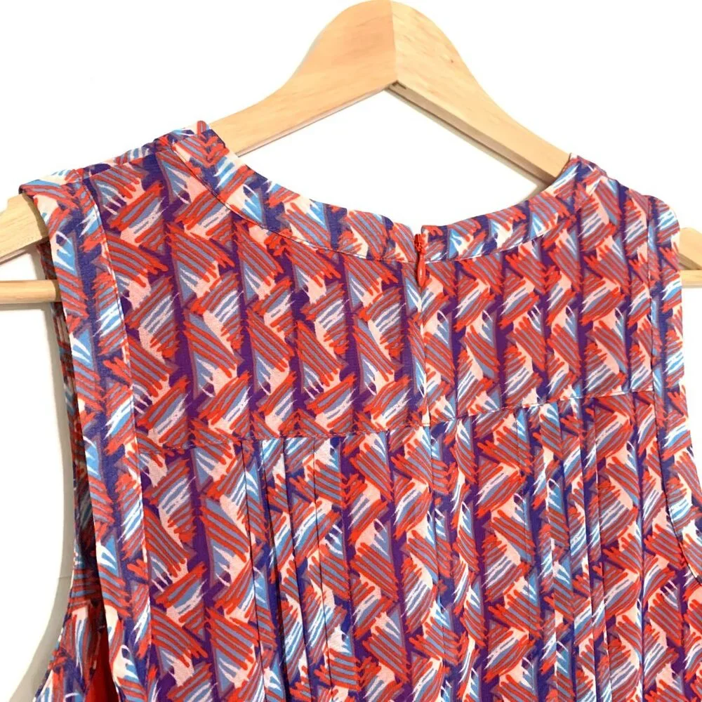 Halogen Sleeveless Red & Blue Geometric Print Dress Size 2 Pleated A-Line V-Neck